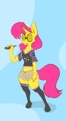 Size: 1372x2500 | Tagged: safe, artist:rubyrelax, oc, oc only, oc:twister pop, anthro, unguligrade anthro, clothes, glasses, shirt, shorts, socks, solo, thigh highs