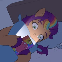 Size: 1694x1695 | Tagged: safe, artist:maren, sunny starscout, earth pony, pony, g5, bed, c:, cellphone, cute, dark, female, hoof hold, lying down, mane stripe sunny, mare, meme, nom, on side, phone, pillow, ponified meme, smartphone, smiling, solo, sunnybetes, wide eyes