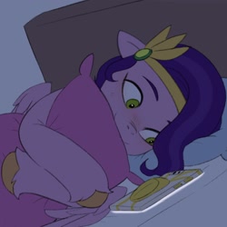 Size: 1694x1695 | Tagged: safe, alternate character, alternate version, artist:maren, part of a set, pipp petals, pegasus, pony, g5, adorapipp, bed, blushing, c:, cellphone, cute, excited, female, happy, lying down, mare, meme, on side, phone, ponified meme, smiling, solo, that pony sure does love phones, waiting, wide eyes