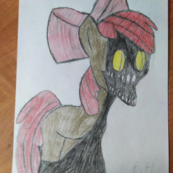 Size: 640x640 | Tagged: safe, artist:epicheavytf2, apple bloom, monster pony, g4, apple bloom's bow, bow, hair bow, irl, monster, photo, shadow, sharp teeth, simple background, teeth, traditional art, yellow eyes
