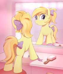 Size: 3400x4000 | Tagged: safe, artist:thebatfang, noi, earth pony, pony, g4, alternate hairstyle, blushing, bow, brush, cute, dresser, female, filly, foal, hair bow, hairbrush, looking at you, mirror, ponytail, ribbon, solo, stool, tail, tail bow