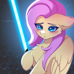 Size: 3000x3000 | Tagged: safe, artist:monstrum, fluttershy, pegasus, pony, g4, 2023, female, high res, jedi, lightsaber, mare, star wars, weapon