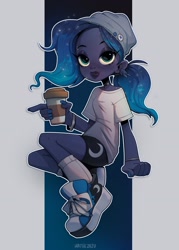 Size: 1543x2160 | Tagged: safe, artist:hattiezazu, princess luna, human, g4, beanie, clothes, coffee, coffee cup, cup, cutie mark on clothes, female, hat, humanized, pony coloring, shirt, shoes, shorts, sneakers, solo