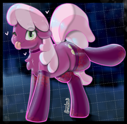 Size: 1107x1074 | Tagged: safe, artist:llametsul, cheerilee, earth pony, pony, g4, ;p, cheeribetes, chest fluff, choker, clothes, colored, cute, eye clipping through hair, female, mare, one eye closed, signature, socks, solo, stockings, thigh highs, tongue out, wink