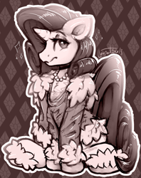 Size: 877x1106 | Tagged: safe, artist:llametsul, rarity, pony, unicorn, g4, chest fluff, clothes, coat, fluffy, jewelry, monochrome, necklace, pearl necklace, signature, solo