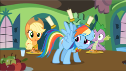 Size: 1177x664 | Tagged: safe, screencap, applejack, rainbow dash, spike, dragon, earth pony, pegasus, pony, g4, keep calm and flutter on, apple, candle, candlestick, element of honesty, element of loyalty, female, food, male, mare, you know for kids