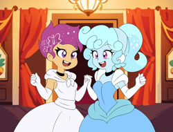 Size: 1280x978 | Tagged: safe, artist:lirudraw, scootaloo, oc, oc:jemimasparkle, human, equestria girls, g4, alternate hairstyle, ballroom, canon x oc, cinderella, clothes, dress, duo, equestria girls-ified, evening gloves, female, gloves, gown, holding hands, lesbian, long gloves, open mouth, open smile, smiling, younger