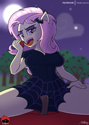 Size: 750x1050 | Tagged: safe, artist:thealjavis, fluttershy, human, equestria girls, g4, apple, bat ponified, bedroom eyes, big breasts, breasts, clothes, cloud, costume, ear fluff, eyeshadow, flutterbat, flutterbat costume, food, hairpin, lidded eyes, looking at you, makeup, misleading thumbnail, moon, night, pumpkin, red eyes, skirt, solo, spread legs, spreading, thighs, tree