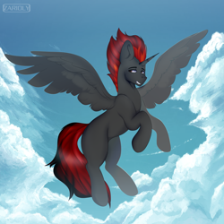 Size: 3000x3000 | Tagged: safe, artist:zarioly, oc, oc only, oc:solar firedawn, alicorn, pony, cloud, flying, full body, high res, looking back, male, sky, smiling, solo