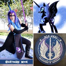 Size: 225x225 | Tagged: safe, artist:mlpjedi, nightmare moon, alicorn, human, pony, g4, boots, clothes, cosplay, costume, irl, irl human, jedi, lightsaber, photo, shoes, solo, star wars, weapon
