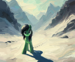 Size: 3000x2500 | Tagged: safe, artist:yidwags, oc, oc only, oc:filly anon, earth pony, pony, female, filly, high res, looking at you, mountain, mountain range, painterly, painting, snow, solo