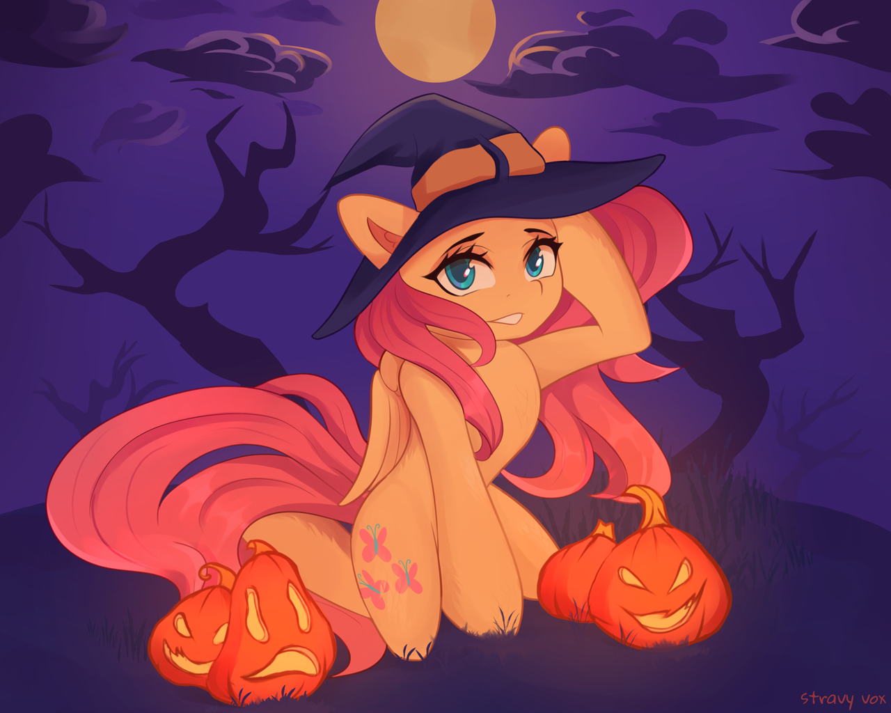 [cute,female,fluttershy,halloween,hat,holiday,looking at you,mare,moon,pegasus,pony,pumpkin,safe,sitting,solo,full moon,shyabetes,smiling,smiling at you,absurd resolution,artist:stravy_vox]