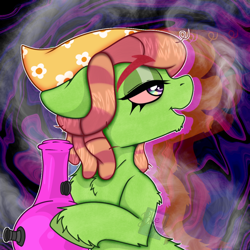 Size: 1048x1048 | Tagged: safe, artist:bluemoon, tree hugger, earth pony, pony, g4, bong, drugs, floppy ears, high, lidded eyes, marijuana, red eyes, smoke, solo, stoned, trippy