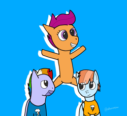 Size: 1607x1475 | Tagged: safe, artist:rellowcantdraw, bow hothoof, scootaloo, windy whistles, pegasus, pony, g4, adopted, adopted offspring, alternate clothes, ballet, blue background, family, father and child, father and daughter, female, filly, foal, grin, male, mare, mother and child, mother and daughter, parent:bow hothoof, parent:windy whistles, scootadoption, scootalove, simple background, smiling, split, stallion, trio