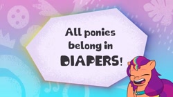 Size: 1918x1076 | Tagged: safe, edit, edited screencap, screencap, sunny starscout, earth pony, pony, g5, my little pony: tell your tale, spoiler:g5, spoiler:my little pony: tell your tale, credits, female, implied diaper, implied diaper fetish, mane stripe sunny, mare, solo