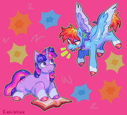 Size: 2048x1858 | Tagged: safe, artist:fishiistixx, rainbow dash, twilight sparkle, pegasus, pony, unicorn, g4, alternate design, book, coat markings, colored hooves, duo, ear piercing, emanata, nose piercing, piercing, reading, socks (coat markings), spread wings, unicorn twilight, wings