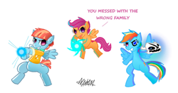 Size: 1280x673 | Tagged: safe, artist:kahn101, rainbow dash, scootaloo, windy whistles, pegasus, pony, g4, adopted, adopted offspring, dragon ball, family, female, filly, foal, freckles, gaster blaster, grin, mare, mother and child, mother and daughter, parent:windy whistles, powerball, sans (undertale), scootadoption, siblings, simple background, sisters, smiling, trio, undertale, white background