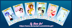 Size: 1417x564 | Tagged: safe, artist:shinta-girl, oc, oc only, oc:frozen rose, oc:shinta pony, oc:taekwon magic, angel, angel pony, original species, aaron pony, gradient background, group, joshka, trading card game