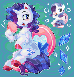Size: 1969x2048 | Tagged: safe, artist:fishiistixx, rarity, pony, unicorn, g4, beauty mark, blue background, blush scribble, bow, chest fluff, colored hooves, elbow fluff, eyeshadow, female, gem, makeup, mare, open mouth, simple background, sitting, smiling, solo, sparkles, tail, tail bow, toy interpretation