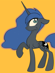 Size: 1267x1673 | Tagged: safe, artist:marrsund, princess luna, alicorn, pony, g4, female, floppy ears, folded wings, looking away, looking up, mare, nervous, nervous sweat, orange background, profile, raised hoof, simple background, solo, standing, sweat, wings