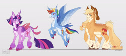 Size: 2048x914 | Tagged: safe, artist:notdeezy, applejack, rainbow dash, twilight sparkle, alicorn, earth pony, pegasus, pony, g4, alternate design, bald face, blaze (coat marking), chest fluff, chonk, cloven hooves, coat markings, concave belly, countershading, facial markings, feathered fetlocks, height difference, hoof fluff, hooves, leonine tail, mealy mouth (coat marking), pale belly, physique difference, redesign, scar, slender, socks (coat markings), sternocleidomastoid, tail, tail feathers, thin, trio, unicorn beard, unshorn fetlocks