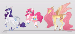 Size: 2048x935 | Tagged: safe, artist:notdeezy, fluttershy, pinkie pie, rarity, earth pony, pegasus, pony, unicorn, g4, alternate design, coat markings, colored wings, concave belly, countershading, curved horn, facial markings, height difference, hooves, horn, leonine tail, long mane, long muzzle, long tail, mealy mouth (coat marking), physique difference, rainbow hooves, redesign, slender, socks (coat markings), spread wings, tail, thin, trio, two toned wings, unicorn beard, unshorn fetlocks, wings