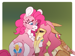 Size: 2048x1526 | Tagged: safe, artist:notdeezy, fluttershy, pinkie pie, earth pony, pegasus, pony, g4, coat markings, comforting, crying, duo, facial markings, female, lesbian, long muzzle, mealy mouth (coat marking), rainbow hooves, scene interpretation, ship:flutterpie, shipping, socks (coat markings)