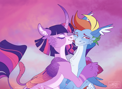 Size: 2048x1497 | Tagged: safe, artist:notdeezy, rainbow dash, twilight sparkle, alicorn, pegasus, pony, g4, alternate design, cheek fluff, curved horn, duo, ear fluff, face licking, fangs, female, horn, lesbian, licking, ship:twidash, shipping, twilight sparkle (alicorn)