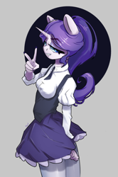 Size: 1852x2788 | Tagged: safe, artist:i love hurt, rarity, unicorn, anthro, g4, alternate hairstyle, clothes, dress, eyebrows, eyebrows visible through hair, female, lidded eyes, looking at you, nimbus, peace sign, school uniform, smiling, solo