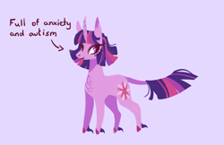 Size: 1224x792 | Tagged: safe, artist:notdeezy, twilight sparkle, pony, unicorn, g4, anxiety, autism, autistic twilight, chest fluff, curved horn, horn, leonine tail, long feather, purple background, simple background, solo, tail, unicorn twilight