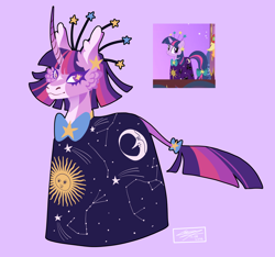 Size: 2048x1915 | Tagged: safe, artist:notdeezy, twilight sparkle, pony, unicorn, g4, suited for success, alternate design, clothes, constellation, constellation dress, dress, leonine tail, purple background, screencap reference, simple background, solo, tail, unicorn twilight