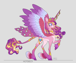 Size: 2048x1707 | Tagged: safe, artist:notdeezy, princess cadance, alicorn, pony, g4, alternate design, concave belly, feathered fetlocks, female, horn, horn jewelry, jewelry, leonine tail, long horn, long tail, mare, pale belly, peacock feathers, raised hoof, redesign, slender, solo, spread wings, tail, tall, thin, wings