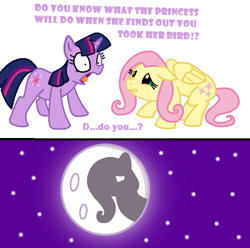 Size: 724x717 | Tagged: safe, artist:elosande, edit, fluttershy, twilight sparkle, pegasus, pony, unicorn, a bird in the hoof, g4, bad end, colored, comic, dialogue, female, floppy ears, horn, mare, mare in the moon, moon, night, scared, shocked, stars, to the moon, tyrant celestia, unicorn twilight, wings