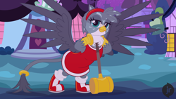 Size: 1920x1080 | Tagged: safe, artist:facelessjr, gabby, griffon, g4, amy rose, beak, boots, bracelet, clothes, cosplay, costume, feather, female, gloves, hammer, headband, jewelry, looking at you, night, nightmare night, nightmare night costume, ponyville, pose, ring, shoes, solo, sonic the hedgehog (series), spread wings, tail, tail ring, talons, wings
