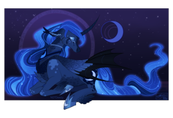 Size: 2500x1710 | Tagged: safe, artist:notdeezy, princess luna, alicorn, bat pony, bat pony alicorn, pony, g4, bat ponified, bat wings, blue tail, chest fluff, crescent moon, crying, curved horn, digital art, ears back, ethereal mane, eyelashes, eyes closed, eyeshadow, feather, feathered fetlocks, female, floppy ears, flowing mane, flowing tail, folded wings, hoof shoes, horn, hybrid wings, long muzzle, lunabat, lying down, makeup, mare, moon, night, peytral, prone, race swap, redesign, sad, signature, solo, speedpaint available, starry mane, starry tail, stars, tail, unshorn fetlocks, winged hooves, wings