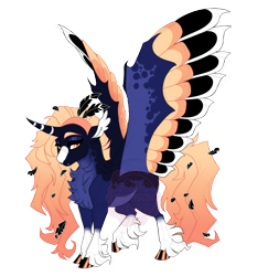Size: 3600x3700 | Tagged: safe, artist:gigason, oc, oc only, oc:headless, alicorn, pony, blaze (coat marking), chest fluff, closed mouth, coat markings, colored hooves, colored wings, curved horn, ear tufts, eyeshadow, facial markings, fangs, feather, feathers in hair, golden eyes, gradient mane, gradient tail, high res, hoof polish, horn, hybrid oc, hybrid wings, lidded eyes, looking down, makeup, male, multicolored wings, offspring, orange eyes, pale belly, parent:oc:haywire, parent:princess luna, parents:canon x oc, raised hoof, simple background, slit pupils, socks (coat markings), solo, spread wings, stallion, standing, striped horn, tail, transparent background, unshorn fetlocks, wings