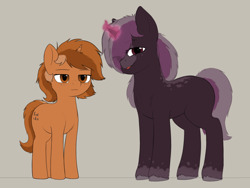 Size: 5000x3762 | Tagged: safe, artist:zippysqrl, oc, oc only, oc:luxuria purpura, oc:sign, pony, unicorn, :p, :|, body markings, coat markings, female, freckles, hair over one eye, height difference, indifferent, looking at you, multicolored hair, simple background, standing, tongue out, unshorn fetlocks