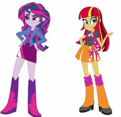 Size: 330x320 | Tagged: safe, sunset shimmer, twilight sparkle, equestria girls, g4, base used, boots, clothes, eqg promo pose set, high heel boots, jacket, palette swap, recolor, shirt, shoes, simple background, skirt, white background