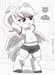 Size: 2289x3087 | Tagged: safe, artist:pabbley, rainbow dash, pegasus, pony, g4, alternate hairstyle, annoyed, belly button, bipedal, black and white, clothes, cute, dashabetes, eyebrows, eyebrows visible through hair, female, grayscale, high res, hooves behind head, human shoulders, mare, midriff, monochrome, partial color, ponytail, shirt, shorts, simple background, solo, speech bubble, white background