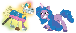 Size: 2400x1050 | Tagged: safe, artist:prixy05, izzy moonbow, señor butterscotch, pony, unicorn, g5, my little pony: tell your tale, bracelet, duo, female, friendship bracelet, glowing, glowing horn, happy, horn, jewelry, magic, mare, simple background, smiling, transparent background, vector