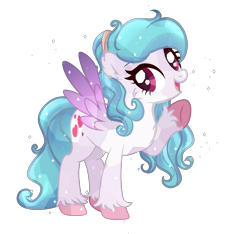 Size: 1581x1481 | Tagged: safe, artist:cottonheart05, oc, oc only, oc:cotton heart, crystal pegasus, crystal pony, pegasus, pony, g4, base used, chest fluff, colored hooves, colored wings, ear fluff, ear piercing, earring, eyeshadow, female, gradient wings, hairband, jewelry, magenta eyes, makeup, mare, open mouth, piercing, raised hoof, simple background, smiling, solo, sparkly, spread wings, standing, unshorn fetlocks, white background, wings