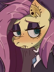 Size: 1536x2048 | Tagged: safe, artist:usapipoyoyo, fluttershy, pegasus, pony, g4, bust, ear piercing, earring, eyebrow piercing, female, fluttergoth, frown, jewelry, lidded eyes, lip piercing, mare, nose piercing, nose ring, piercing, snake bites, solo