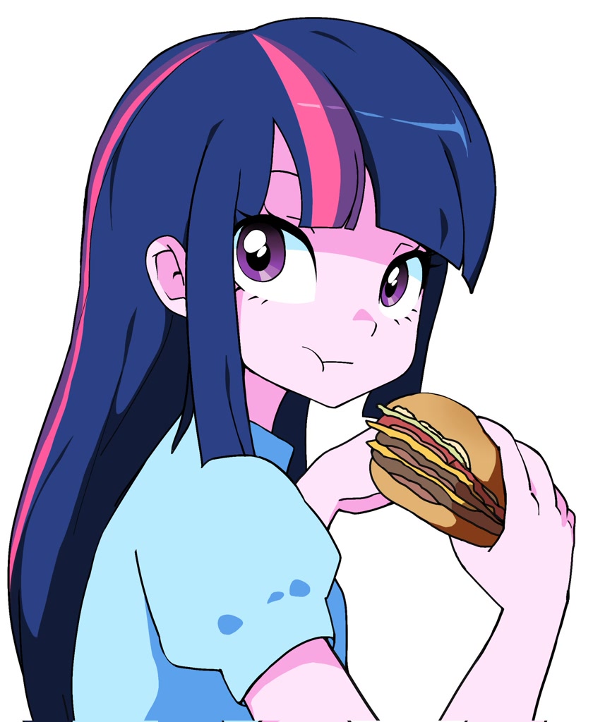 [burger,eating,equestria girls,female,food,g4,hamburger,human,looking back,safe,simple background,solo,twilight sparkle,white background,:t,cheeseburger,twilight burgkle,that pony sure does love burgers,artist:cheesesauce_45]