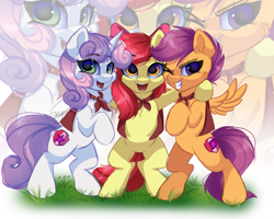 Size: 2500x2000 | Tagged: safe, artist:skyboundsiren, derpibooru exclusive, apple bloom, scootaloo, sweetie belle, earth pony, pegasus, pony, unicorn, g4, adorabloom, apple bloom's bow, arm hooves, bipedal, bow, cape, clothes, cmc day, cute, cutealoo, cutie mark, cutie mark crusaders, diamonds, diasweetes, eyebrows, eyebrows visible through hair, female, grass, grin, hair bow, high res, horn, jewelry, looking at you, one eye closed, open mouth, open smile, rearing, signature, smiling, smiling at you, spread wings, the cmc's cutie marks, trio, trio female, wings, wink, winking at you, zoom layer