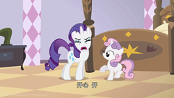 Size: 1920x1080 | Tagged: safe, screencap, rarity, sweetie belle, pony, unicorn, g4, season 2, sisterhooves social, bed, belle sisters, chinese subtitles, female, siblings, sisters