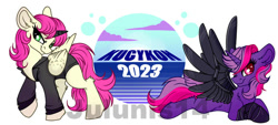 Size: 750x338 | Tagged: safe, artist:julunis14, oc, oc only, oc:flash hope, oc:gallant fop, alicorn, pony, alicornified, amputee, augmented wings, clothes, colored horn, duo, ear fluff, female, folded wings, green eyes, horn, jacket, kucykon, leg fluff, lying down, magenta eyes, mare, needs more jpeg, obtrusive watermark, prone, prosthetic limb, prosthetics, race swap, simple background, smiling, spread wings, watermark, white background, wings