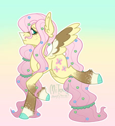 Size: 828x911 | Tagged: safe, artist:mitexcel, fluttershy, pegasus, pony, g4, alternate design, cloven hooves, colored wings, concave belly, ear fluff, female, flower, flower in hair, freckles, gradient background, green eyes, long mane, long tail, mare, pink mane, pink tail, pretty, raised hoof, redesign, side view, solo, spread wings, tail, wavy mouth, wings