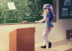 Size: 1688x1200 | Tagged: safe, artist:howxu, minuette, human, g4, alternate hairstyle, ass, butt, chalk, chalkboard, clothes, commission, cute, equation, female, humanized, math, midriff, minubetes, open mouth, physics, school uniform, schrödinger's pantsu, shirt, shoes, skirt, socks, solo, stockings, thigh highs
