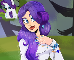Size: 2540x2057 | Tagged: safe, artist:kat4nadepap3l, rarity, human, pony, unicorn, g4, bust, female, hair over one eye, hand on chest, high res, humanized, lidded eyes, lipstick, mare, mole, scene interpretation, screencap reference, smiling, solo