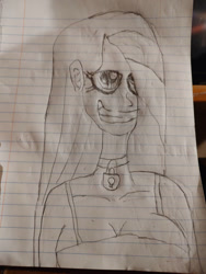 Size: 828x1104 | Tagged: safe, artist:pinkamenafan1243, oc, oc:obsidian pie, human, breasts, choker, cleavage, creepy, creepy smile, humanized, lined paper, lock, obsidian pie, sketch, smiling, solo, thousand yard stare, traditional art